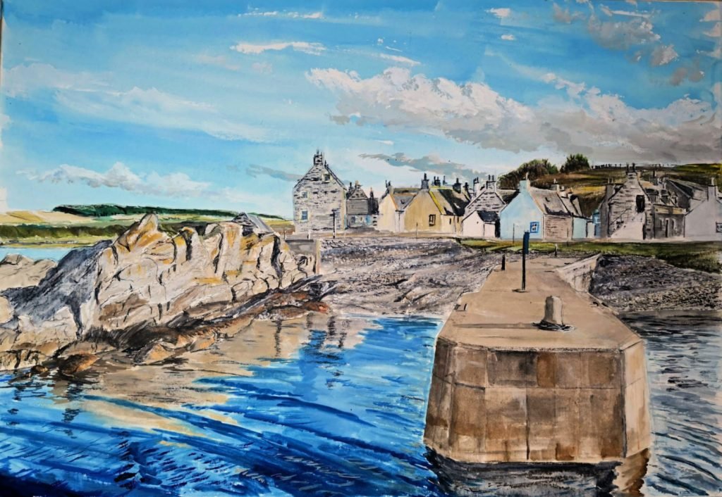 Sandend paintings: view of the harbour and the old village.